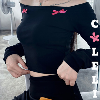 Áo Croptop Nữ Tay Dài Đính Nơ Trễ Vai Ôm Body Chất Cotton Siêu Dày Đứng Form