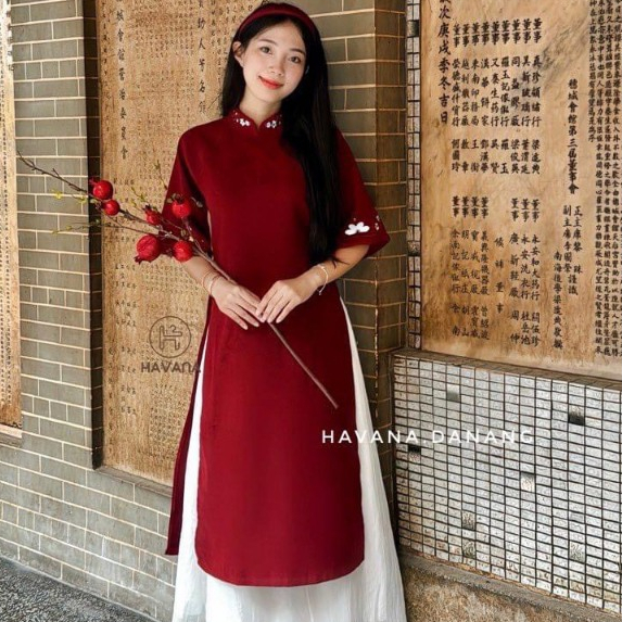 Set Áo dài Lưu Li cách tân thiết kế trễ vai tay bồng đính nơ có bigsize - Kèm Mấn khi đặt cả Bộ