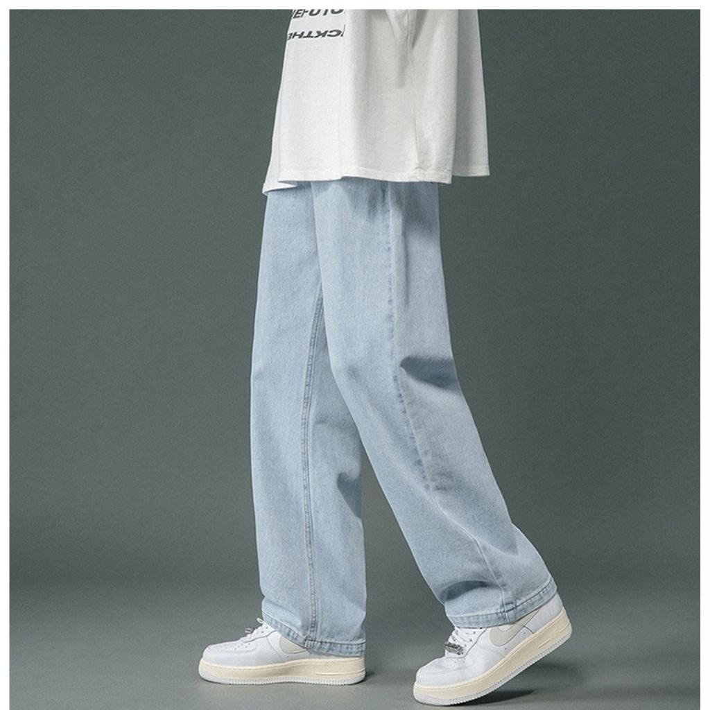 Quần Baggy Jean Xanh Ống Suông Rộng Nam Nữ Trơn Basic Unisex Vải Dày Dặn