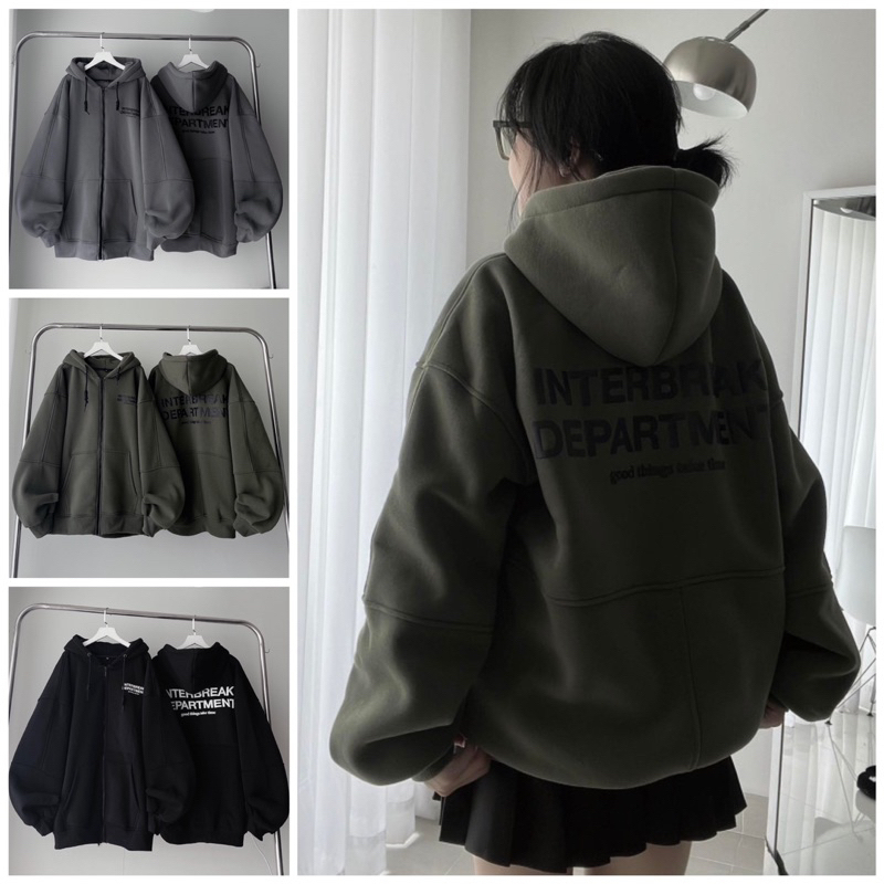 Áo Khoác Hoodie Phối Zip INTERBREAK Vải Nỉ Bông màu XÁM/ĐEN 🖤 Nam nữ unisex 🖤 Áo hoodie dây kéo Form Rộng July7store 🔥