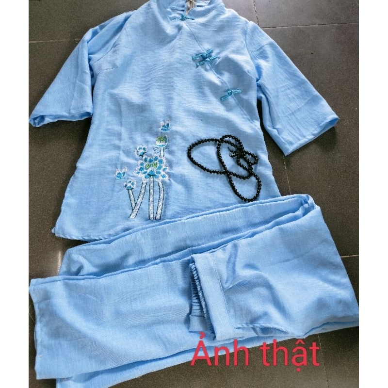 Đồ Lam Đi Chùa,Pháp Phục đi Lễ Nguyên Set bộ bà ba 4 nút tàu tay lỡ chất đũi vân mây thêu hoa sen