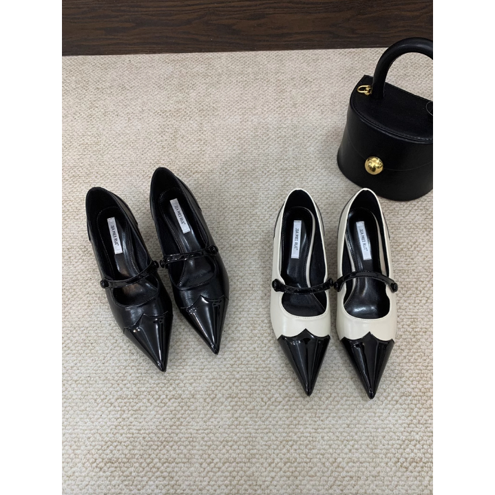 Giày mũi nhọn châu Âu Mỹ thời trang Mary Jane trơn viền mũi nhọn cá tính, Giày cao gót dế vuông thanh lịch