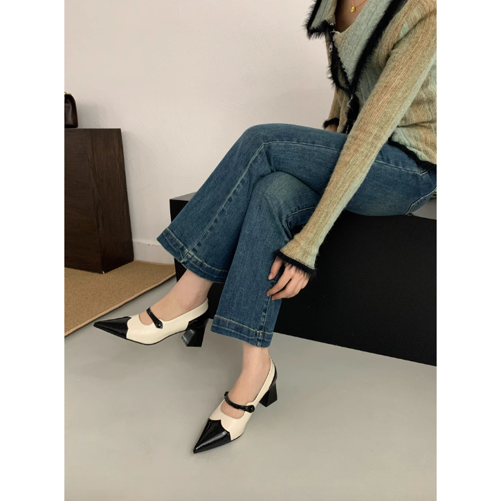 Giày mũi nhọn châu Âu Mỹ thời trang Mary Jane trơn viền mũi nhọn cá tính, Giày cao gót dế vuông thanh lịch