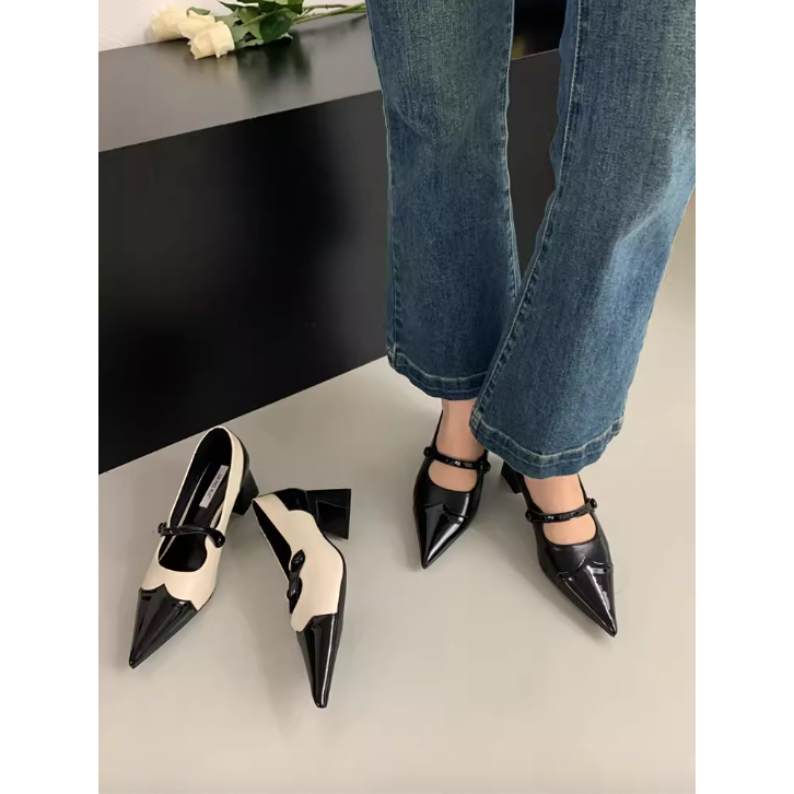 Giày mũi nhọn châu Âu Mỹ thời trang Mary Jane trơn viền mũi nhọn cá tính, Giày cao gót dế vuông thanh lịch