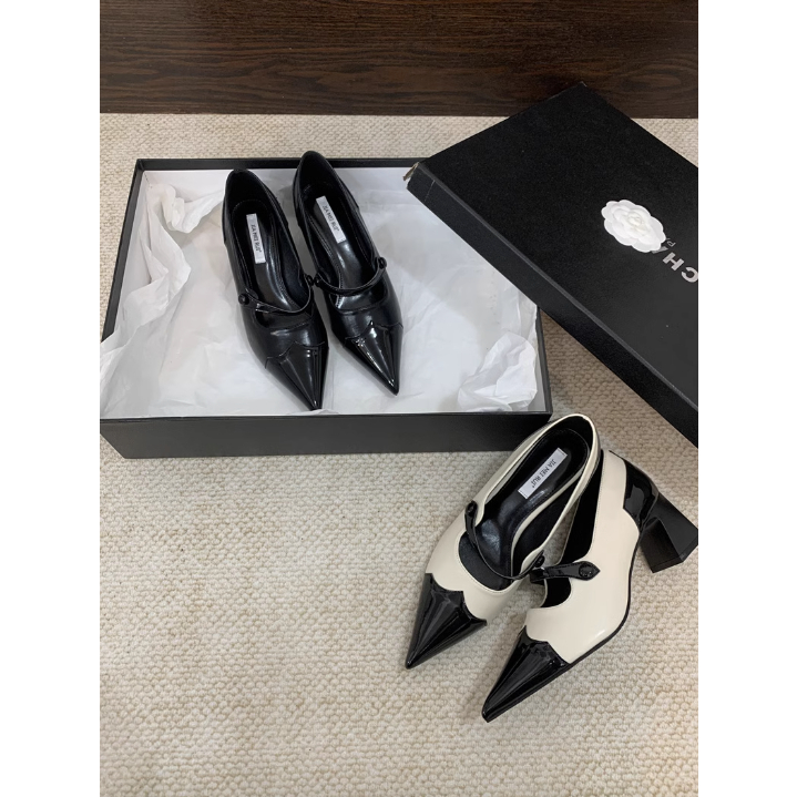 Giày mũi nhọn châu Âu Mỹ thời trang Mary Jane trơn viền mũi nhọn cá tính, Giày cao gót dế vuông thanh lịch