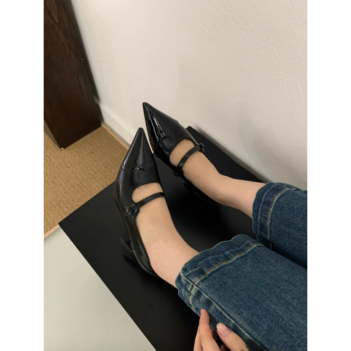 Giày mũi nhọn châu Âu Mỹ thời trang Mary Jane trơn viền mũi nhọn cá tính, Giày cao gót dế vuông thanh lịch