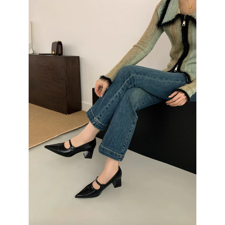 Giày mũi nhọn châu Âu Mỹ thời trang Mary Jane trơn viền mũi nhọn cá tính, Giày cao gót dế vuông thanh lịch