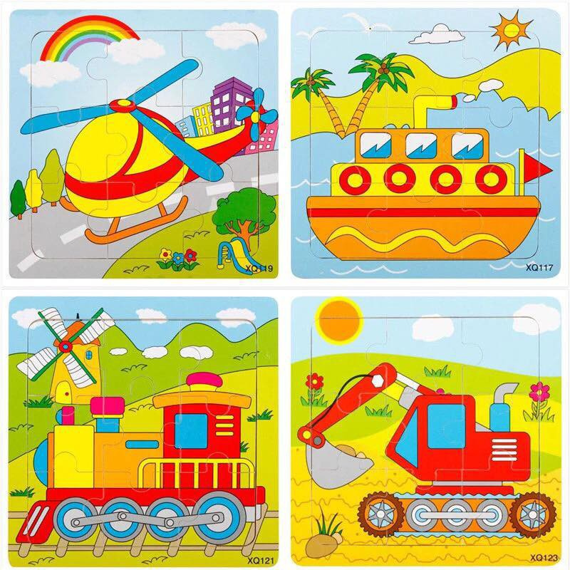 Tranh ghép hình 9 miếng loại lớn 15x15cm in hình ngộ nghĩnh bằng gỗ cho bé, đồ chơi xếp hình 9 miếng