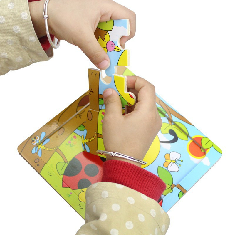 Tranh ghép hình 9 miếng loại lớn 15x15cm in hình ngộ nghĩnh bằng gỗ cho bé, đồ chơi xếp hình 9 miếng