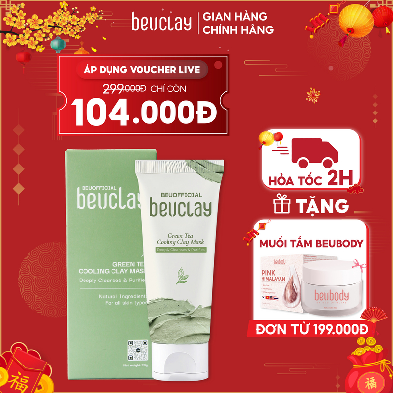 Mặt nạ bùn đất sét BEUCLAY trà xanh sáng da, se khít lỗ chân lông, kiểm soát dầu, ngăn ngừa mụn cám mụn đầu đen