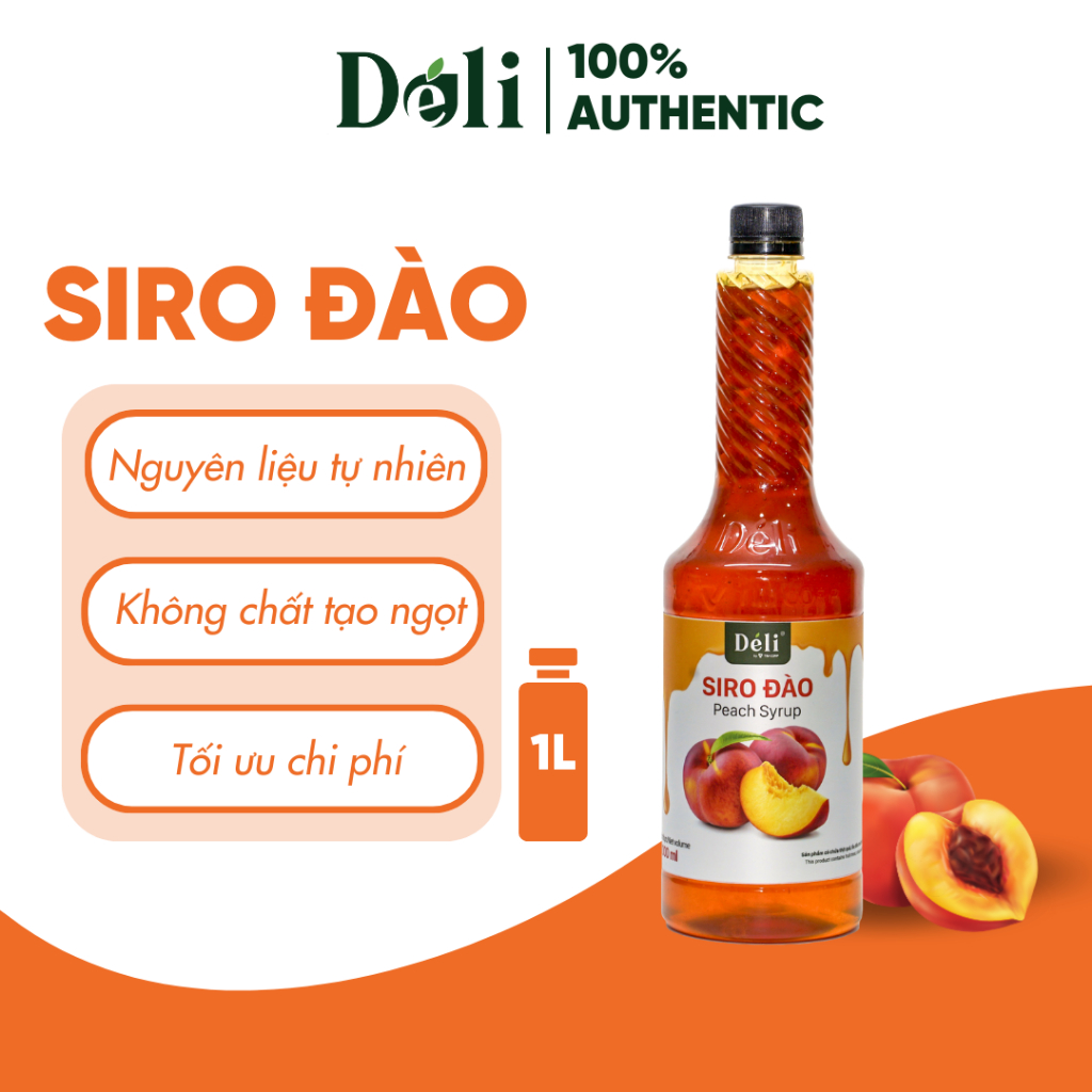 Siro đào Déli - 1 lít - đậm đặc, thơm ngon chuyên dùng pha chế trà trái cây, soda