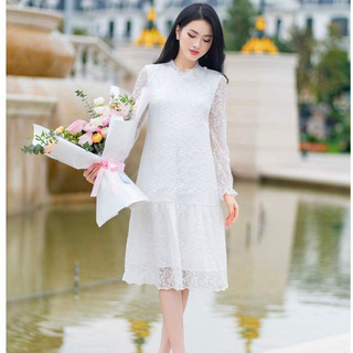 MEDYLA - Váy bầu thiết kế  ren đính hoa cổ đá đầm bầu công sở cho bầu diện lễ tết đi chơi du lịch - VTX1651