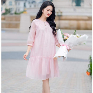 MEDYLA - Váy bầu thiết kế  tơ hồng cổ ly gân đầm bầu công sở cho bầu diện lễ tết đi chơi du lịch - VTX1683