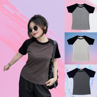 Áo babytee phối màu form ôm cổ tròn thun gân tay ngắn dáng dài