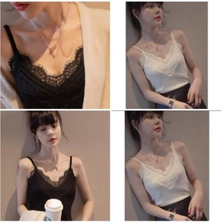 Áo 2 dây đen, trắng phối cổ ren