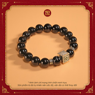 TINH LÂM Vòng Tay Phong Thủy Đá Mã Não Đen 10 Li - Charm Bạc Long Ấn