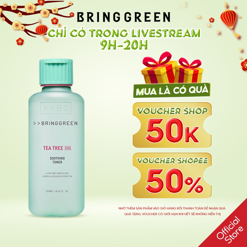 Nước Hoa Hồng Giảm Mụn Làm Dịu Da Tràm Trà BRING GREEN Tea Tree Cica Soothing Toner 250ml/ 510ml