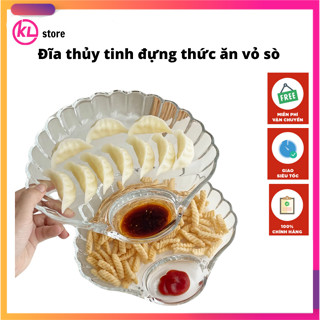 Đĩa thủy tinh đựng thức ăn hình vỏ sò có ngăn đựng nước chấm tiện lợi, Khay đựng thức ăn thủy tinh dày dặn, cao cấp