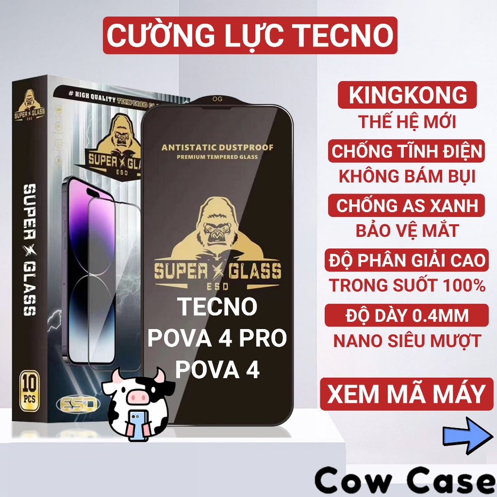 Kính cường lực Tecno Pova 4 Pro, Pova 4 Kingkong full màn | Miếng dán bảo vệ màn hình cho Techno Cowcase