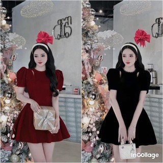 Đầm nhung tay phồng cổ trong đính ngọc kiểu dáng tiểu thư xinh xắn