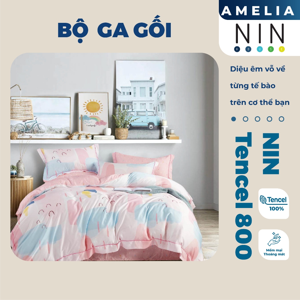 Bộ 5 món drap, áo gối NIN Tencel 800 - màu hồng Amelia dễ thương (không kèm mền)