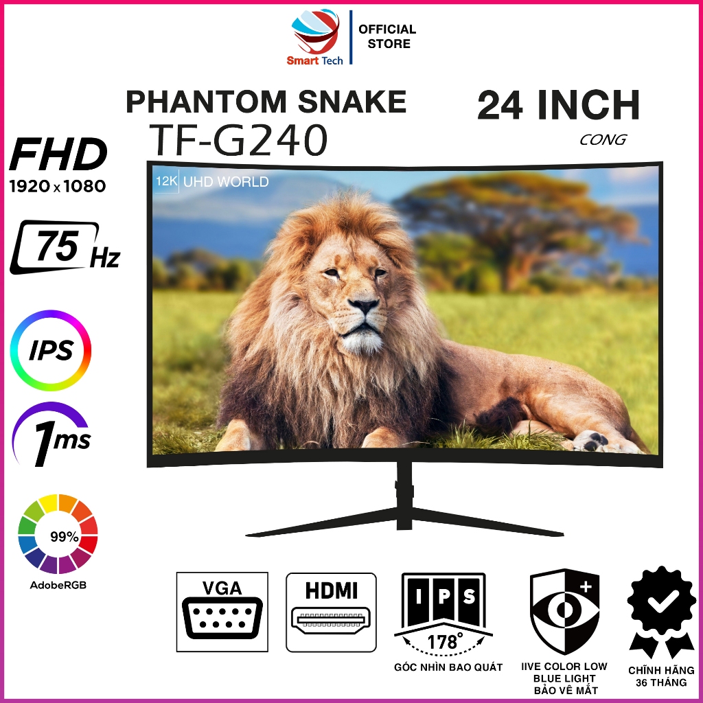 Màn hình máy tính PC 24inch mặt cong Phantom Snake tràn viền  IPS - Full HD - 75Hz - mới fullbox - bảo hành 36th