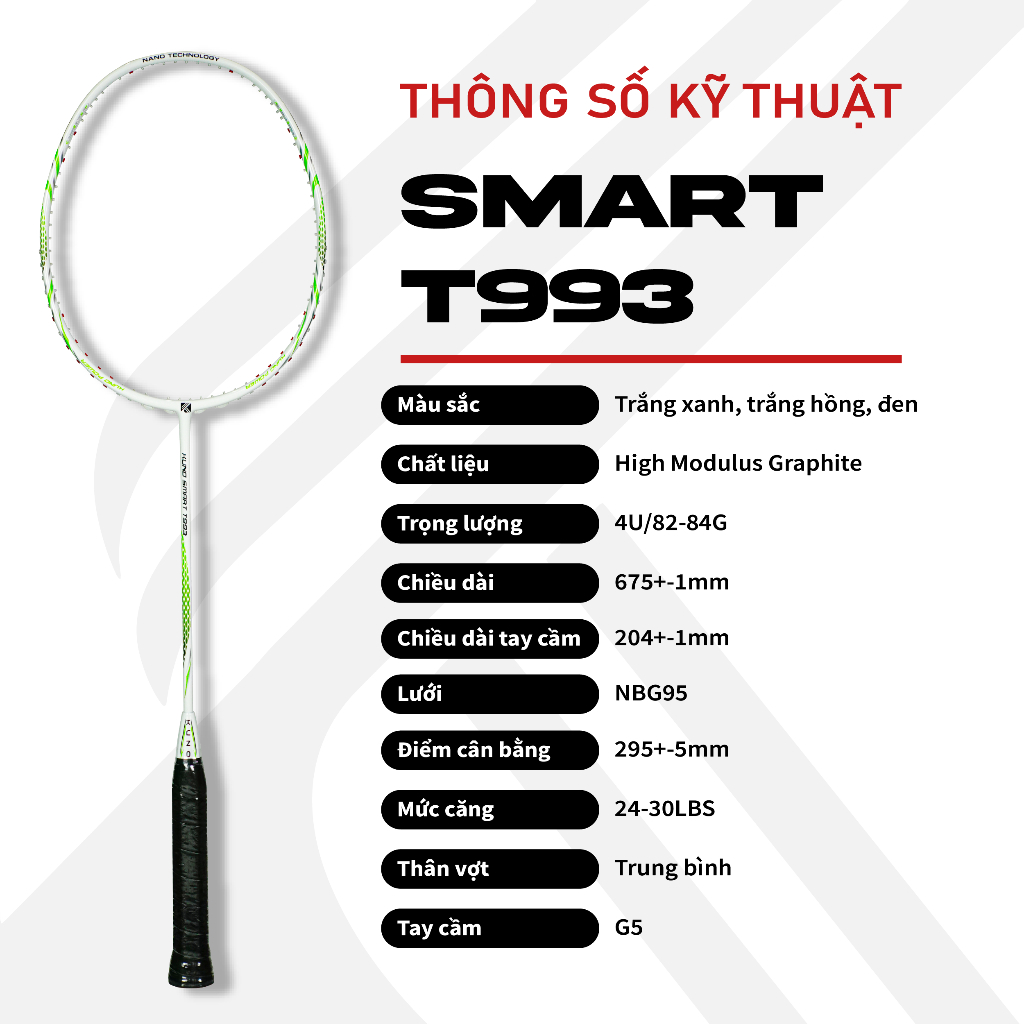 Vợt Cầu Lông KUNO Smart T993 Thiên Công, 4U, Chất Liệu High Modulus Graphite, Chống Xoắn, Căng Sẵn 11kg