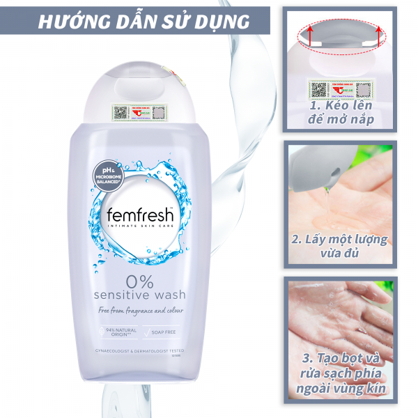 Dung dịch vệ sinh phụ nữ cao cấp cho da nhạy cảm Femfresh 0% Sensitive Intimate Wash 250ml