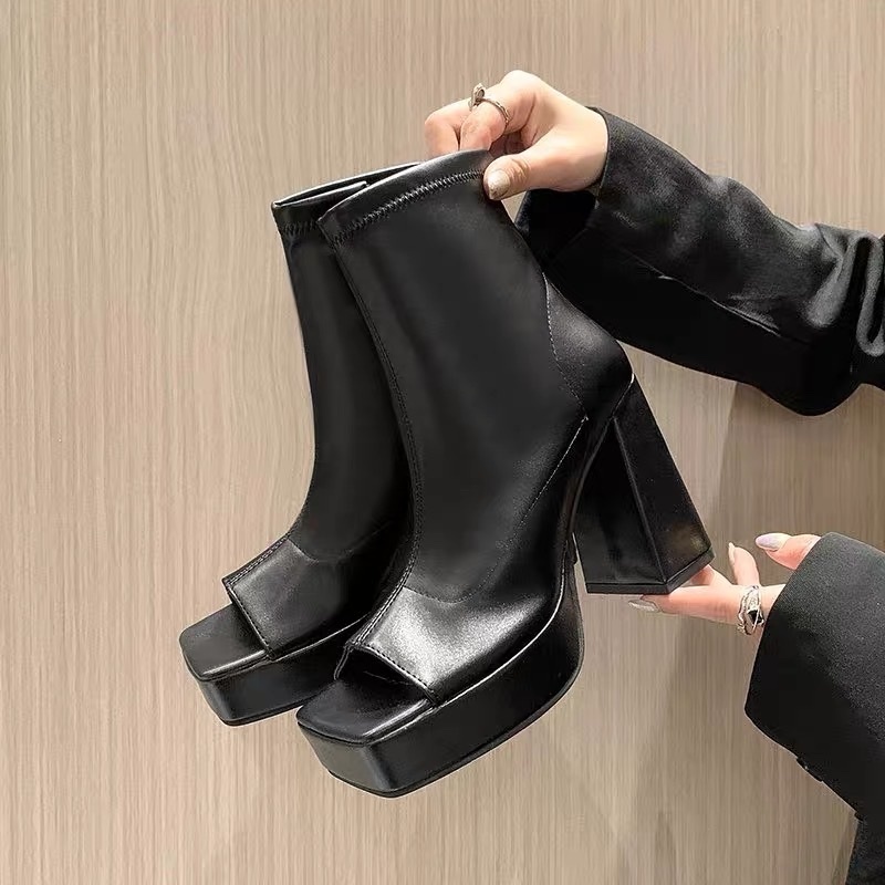 Boost Nữ Cao Cổ Hở Mũi Natalya,Giày Bốt Da Mềm Đế 10cm Cao Cấp ( Fullbox)