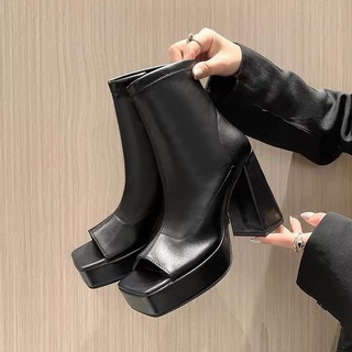 Boost nữ cao cổ hở mũi natalya,giày bốt da mềm đế 10cm cao cấp