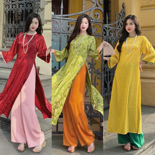 Set áo dài gấm hoa tay lửng kèm quần ống rộng