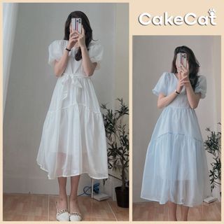 Đầm - váy trắng công chúa bồng bềnh váy dáng dài tay bồng váy đi tiệc tiểu thư thắt nơ váy sang chảnh cakecat