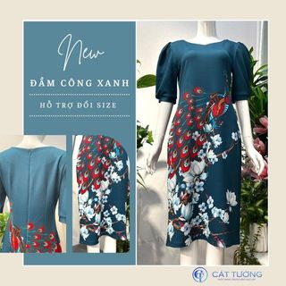 Đầm kiểu trung niên màu xanh lam họa tiết sang trọng tặng bà, tặng mẹ đầm công xanh   - Thời trang Cát Tường