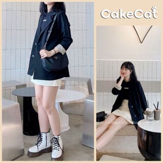 Áo Blazer Nữ Khoác Ngoài Dài Tay Phong Cách Hàn Quốc Túi Nắp Áo vest 2 Lớp Cakecat