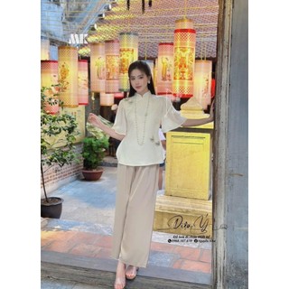 Set thời trang nữ,Set lam thêu bướm tay loe chất voan tơ kim sa 2 lớp hàng thiết kế phối quần suông thanh lịch đi chuà