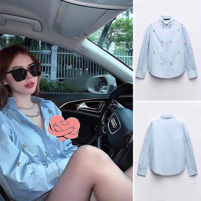 (Ảnh thật shop chụp )Áo Somi Za.ra Xuất Xanh Mặc Tết,Lễ Chùa Tay Bồng Ít Nhăn Đính Hạt (28/01 về sẵn sll ạ)