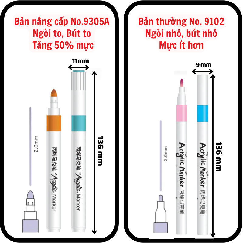 Bút Màu Acrylic Marker 12/24/36/48/60 Cao Cấp Màu Sắc Tươi Sáng - Bút Lông Màu