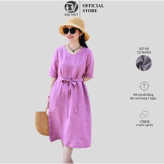 Đầm linen suông cổ tim tay lỡ, chất linen bột mềm mát, kèm dây eo rời màu sắc trẻ trung Đũi Việt