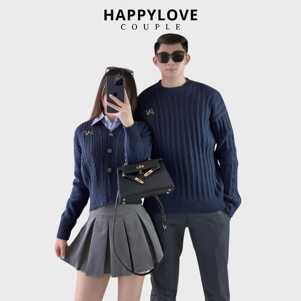 Đồ cặp nam nữ hàn quốc mùa đông HAPPYLOVE set couple áo len đôi màu xanh than phối áo sơ mi croptop 