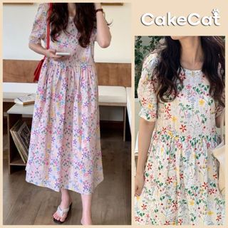 Váy Hoa Nhí - Đầm Babydoll Thô Hoa Nhí Thắt Nơ Xinh Xắn Váy Dáng Dài Cộc Tay Mát Mẻ Cakecat
