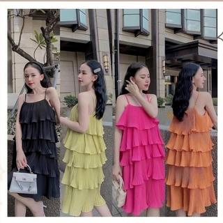 D29 Đầm Dáng Suông Hai Dây Dập Ly Phối Năm Tầng