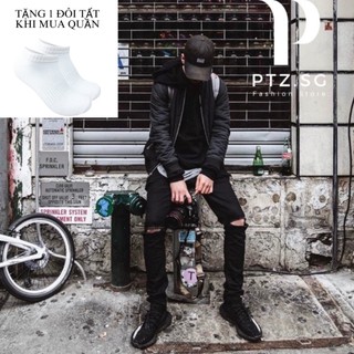 Quần jean skinny rách gối màu đen vải jean co dãn