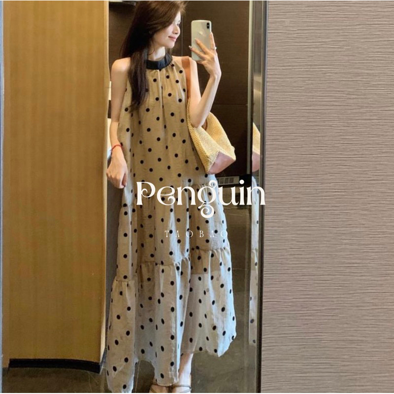 (Sẵn-kèm ảnh thật) D57 Đầm váy nữ Taobao maxi voan cổ yếm cột nơ chấm bi hai lớp bồng bềnh nhẹ nhàng tiểu thư Vintage