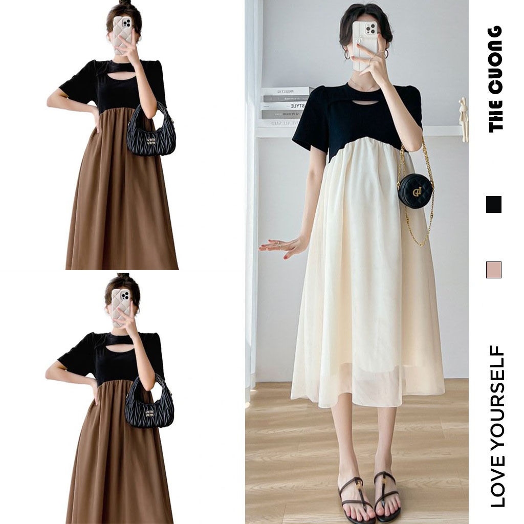 ĐẦM BẦU TAY NGẮN C8705 THIẾT KẾ THỜI TRANG THANH LỊCH - VÁY ĐẦM BẦU CÔNG SỞ DỰ TIỆC DÁNG XÒE XẾP LY ĐIỆU ĐÀ FREESIZE