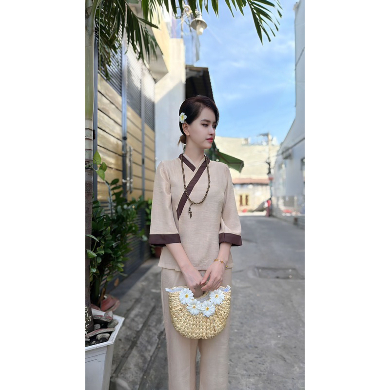 Mẫu Đồ Lam Đi Chùa Nữ Thiền An Nhiên Chất Vải Đũi Vân Mây