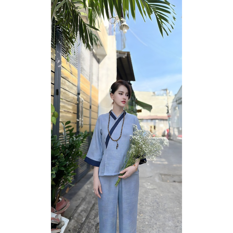 Mẫu Đồ Lam Đi Chùa Nữ Thiền An Nhiên Chất Vải Đũi Vân Mây