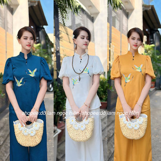 Mẫu mới đồ lam đi chùa kiểu tay phồng thêu hạt