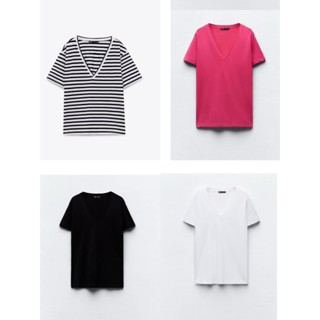 [118] Áo thun cổ V cộc tay chất liệu cotton thun bốn màu đen trắng kẻ hồng co dãn bốn chiều thấm hút mồ hôi hàng đẹp