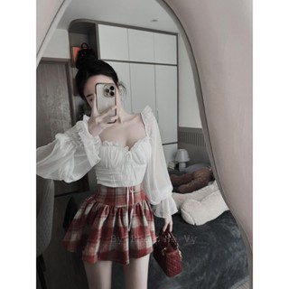  Set bộ nữ áo sơ mi dài tay cúp ngực có mút áo vạc bầu mặc cùng chân váy xoè chất dạ nữ tính tiểu thư 