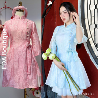 Set Đầm Hồng Phối Viền Váy Trắng Tết Cao Cấp  -Áo Kèm Chân Váy Thắt Nút Cột Dây Nơ Xinh Xắn Màu Hồng Ngọt Ngào Có Mấn